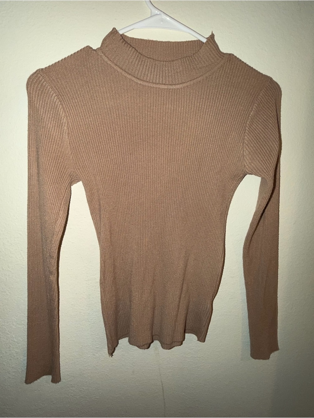 SHEIN Tan Ribbed Mock Neck Long Sleeve Top